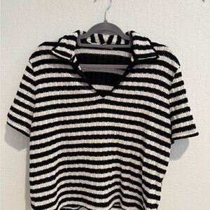 Madewell Black and White Striped Knit Polo